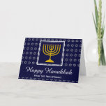 Tarjeta Festiva HAPPY HANUKKAH | Estrella de David<br><div class="desc">FELIZ HANUKKAH Star de la tarjeta de vacaciones de David con TEXTO de PERSONALIZABLE. Elegante tarjeta de felicitación para celebrar HANUKKAH. Fondo azul oscuro con la Estrella de David plateada y tipografía blanca. El texto de LAPlaceholder en la cubierta y en el saludo interno son personalizables, por lo que puede...</div>