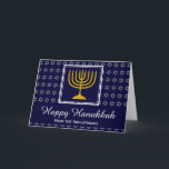 Tarjeta Festiva HAPPY HANUKKAH | Estrella de David<br><div class="desc">FELIZ HANUKKAH Star de la tarjeta de vacaciones de David con TEXTO de PERSONALIZABLE. Elegante tarjeta de felicitación para celebrar HANUKKAH. Fondo azul oscuro con la Estrella de David plateada y tipografía blanca. El texto de LAPlaceholder en la cubierta y en el saludo interno son personalizables, por lo que puede...</div>