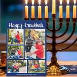 Tarjeta Festiva Happy Hanukkah Family Photo Collage Blue Pattern<br><div class="desc">Beautiful blue Happy Hanukkah cards with your family photo collage underneath the white script. Cute customized photograph cards for a proud Jewish family during the holiday season. The back is a dreidel,  menorah,  and Star of David pattern.</div>