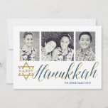 Tarjeta Festiva Happy Hanukkah Glitter | Hanukkah Card<br><div class="desc">Send out your holiday greetings in style with this lovely 3-photo Hanukkah card featuring faux glitter textures.</div>