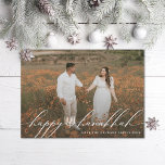 Tarjeta Festiva Happy Hanukkah Menorah Hanukkiah Photo<br><div class="desc">Happy Hanukkah in flowy letters with hanukkiah in the center over full bleed photo; also available in real foil</div>