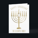 Tarjeta Festiva Happy Hanukkah Menorah Holiday Card<br><div class="desc">Envíe a sus seres queridos una tarjeta personalizada esta temporada de Hanukkah. Este diseño presenta una menorah de color dorado. Encima del mensaje se lee "Feliz Hanukkah". Debajo de la menorah hay un lugar para el nombre de tu familia que puedes personalizar o eliminar si quieres. En el interior de...</div>
