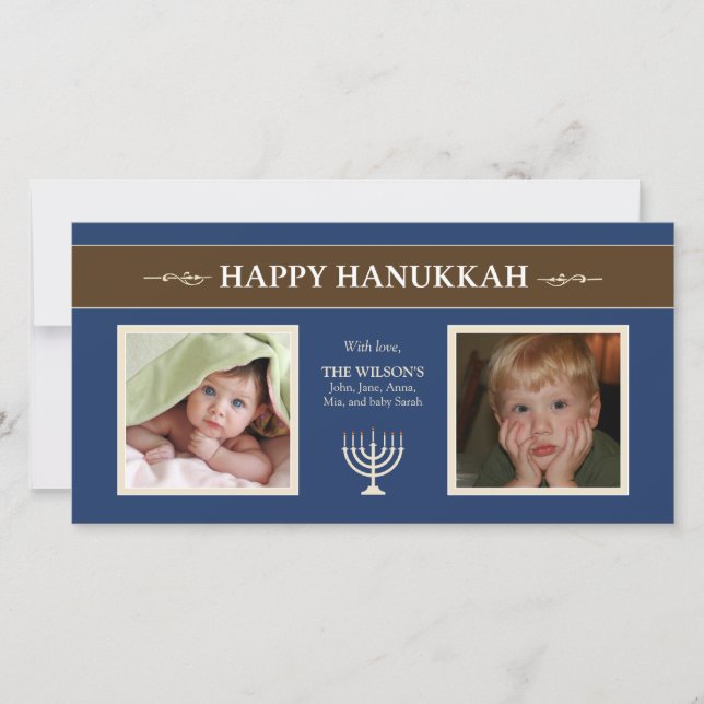 Tarjeta Festiva Happy Hanukkah Menorah Holiday PhotoCard (azul) (Anverso)