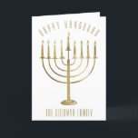 Tarjeta Festiva Happy Hanukkah Menorah Inside Photo Holiday Card<br><div class="desc">Envíe a sus seres queridos una tarjeta de foto personalizada esta temporada de Hanukkah. Este diseño presenta una menorah de oro en la parte delantera y el mensaje dice "Feliz Hanukkah". Debajo de la menorah hay un lugar para el nombre de tu familia que puedes personalizar o eliminar si quieres....</div>