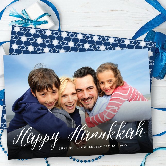 Tarjeta Festiva Happy Hanukkah Modern Trendy White Script Photo (Subido por el creador)
