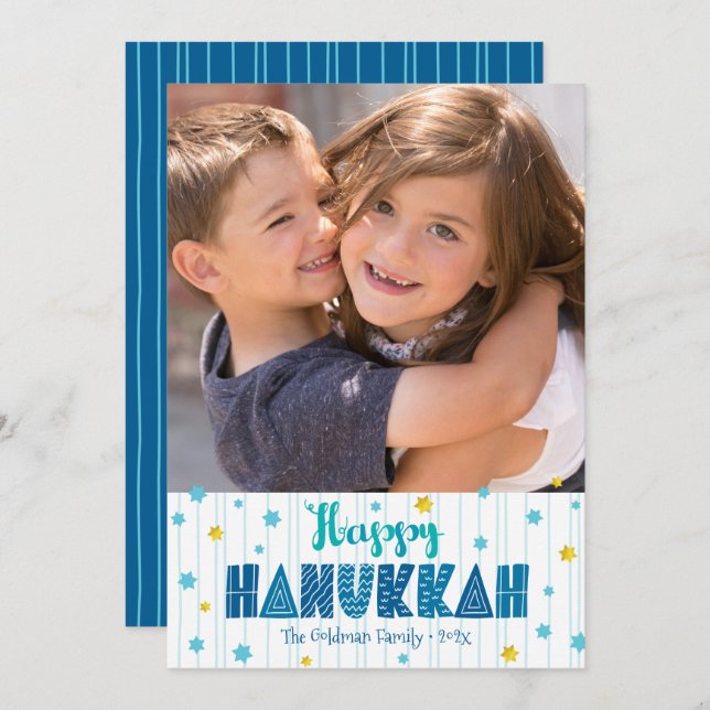 Tarjeta Festiva Happy Hanukkah Photo Gold Stars (Anverso / Reverso)