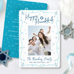 Tarjeta Festiva Happy Hanukkah Photo Hand Drawn Cute Custom Note<br><div class="desc">“Happy Hanukkah.” It's that time to touch base with your family and friends to celebrate Hanukkah and usher in the festival of lights. Fun, whimsical navy blue handwritten script typography, Star of David and turquoise teal blue hand drawn Hanukkah dreidels and sparkles, along with the photo of your choice, overlay...</div>