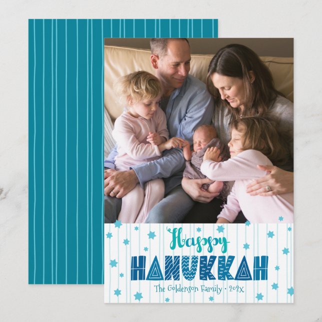 Tarjeta Festiva Happy Hanukkah Photo Modern Verde azulada Fun Typo (Anverso / Reverso)