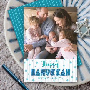 Tarjeta Festiva Happy Hanukkah Photo Modern Verde azulada Fun Typo