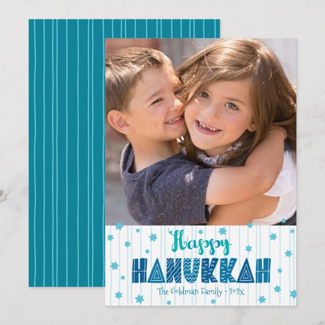 Tarjeta Festiva Happy Hanukkah Photo Turquoise Typography Bold (Anverso / Reverso)