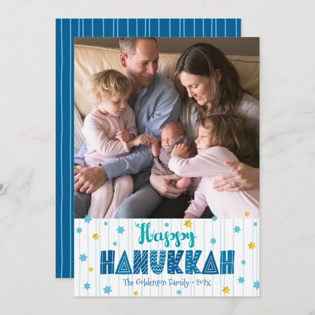 Tarjeta Festiva Happy Hanukkah Photo Typography Gold Stars Moderno (Anverso / Reverso)
