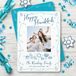 Tarjeta Festiva Happy Hanukkah Photo Whimsical Hand Drawn Doodles<br><div class="desc">“Happy Hanukkah.” It's that time to touch base with your family and friends to celebrate Hanukkah and usher in the festival of lights. Fun, whimsical navy blue handwritten script typography and turquoise teal blue hand drawn Hanukkah icon doodles, along with the photo of your choice, overlay a white background. Additional...</div>