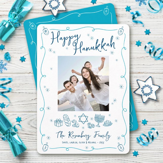 Tarjeta Festiva Happy Hanukkah Photo Whimsical Hand Drawn Doodles (Subido por el creador)