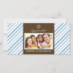 Tarjeta Festiva Happy Hanukkah Ribbon Family Photocard (azul)