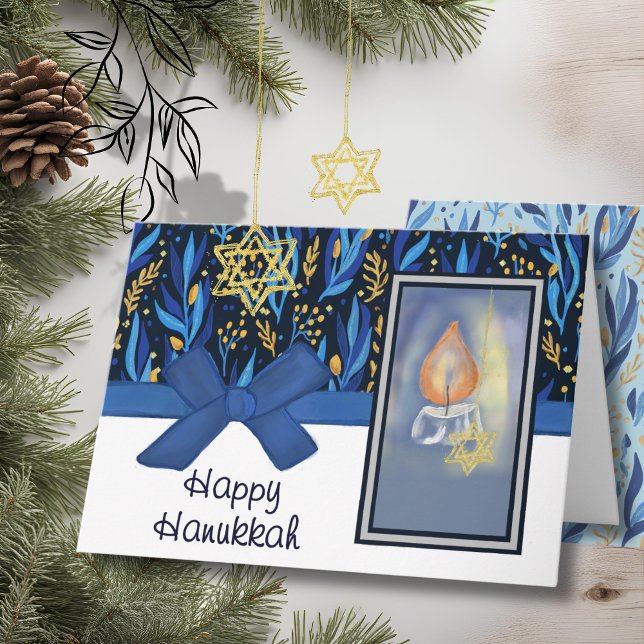 Tarjeta Festiva Happy Hanukkah Rich Blue & Gold Foliage & Candle (Happy Hanukkah Rich Blue & Gold Foliage & Candle Holiday Card)