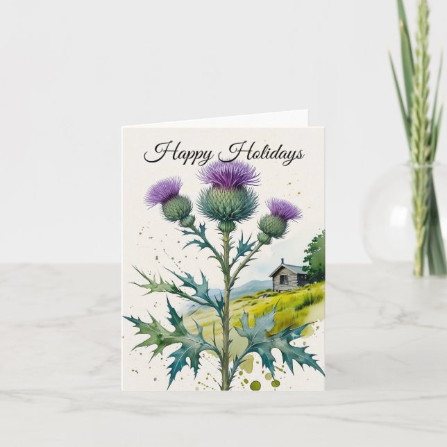 Tarjeta Festiva Happy Hlidays Thistle Scottish Highlands (Anverso)
