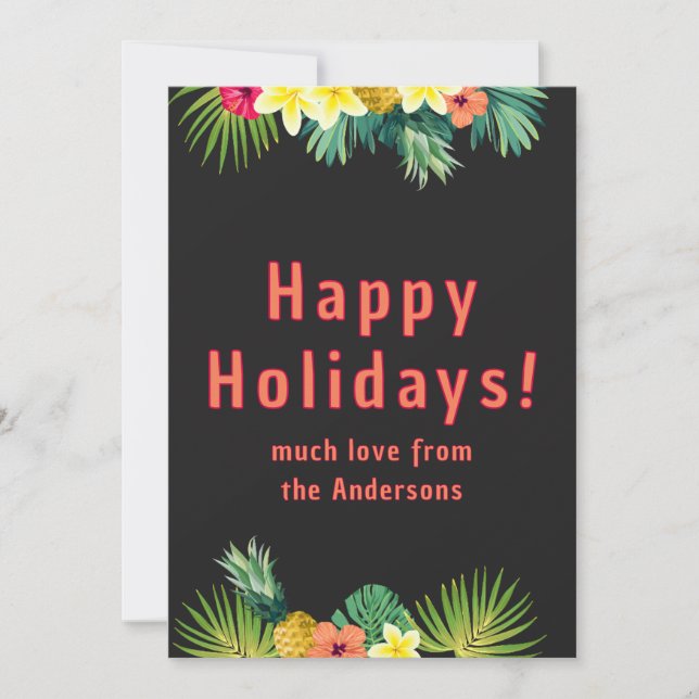 Tarjeta Festiva Happy Holiday, Tropical flowers on black (Anverso)