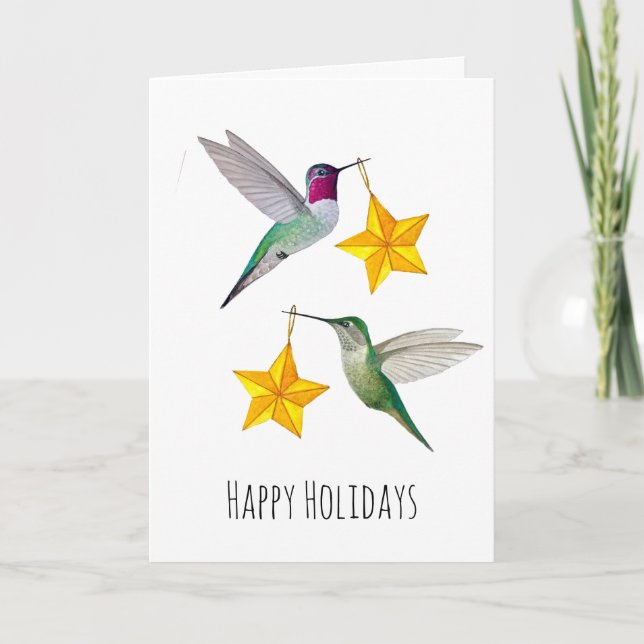 Tarjeta Festiva Happy Holidays Anna's Hummingbirds and Stars  (Anverso)
