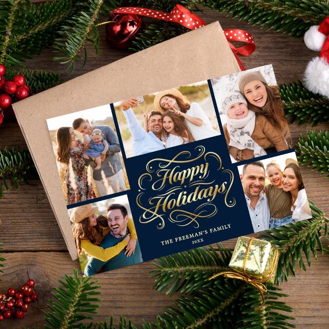 Tarjeta Festiva Happy Holidays Blue & Gold 5 Photo Collage Card (Subido por el creador)