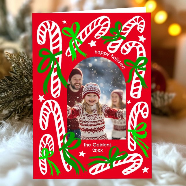 Tarjeta Festiva Happy Holidays Candycanes CUSTOM PHOTO Christmas (Happy Holidays Candycanes CUSTOM PHOTO Christmas Folded Holiday Greeting Card
)