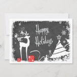 Tarjeta Festiva Happy Holidays Card | Faux Chalkboard, Deer<br><div class="desc">This inexpensive and festive black and white faux chalkboard "Happy Holidays" Christmas or Holiday card has a male deer with antlers adorned with holly and berries, red and white gifts with ribbons, snowflakes, stars, and a variety of Christmas trees on a chalkboard background with a snowy border on it. This...</div>