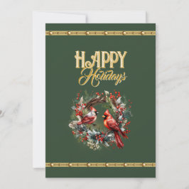 Tarjeta Festiva Happy Holidays: Cardinal Wreath with Elegant Gold