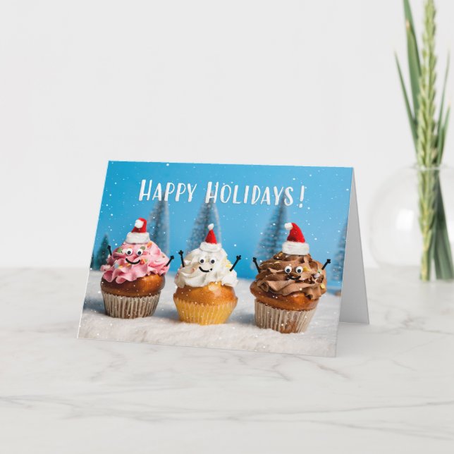 Tarjeta Festiva Happy Holidays Christmas Cupcakes in Snow  (Anverso)