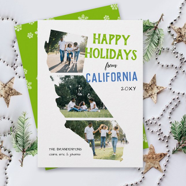 Tarjeta Festiva Happy Holidays from California Two Photo Card (From California three photo Christmas holiday card for families, moving announcement )