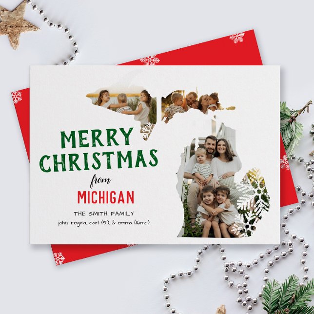 Tarjeta Festiva Happy Holidays from Michigan Three Photo (From Michigan state with love three photo Christmas holiday card and moving announcement)