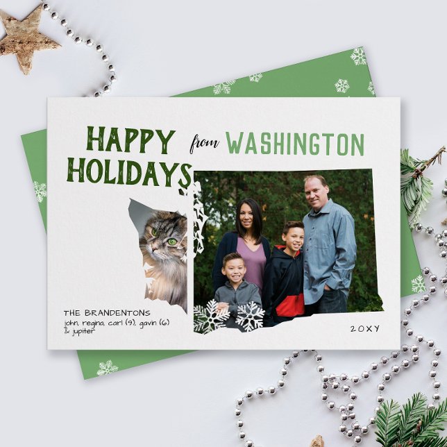 Tarjeta Festiva Happy Holidays from Washington Two Photo (From Washington state with love two photo Christmas holiday card and moving announcement)