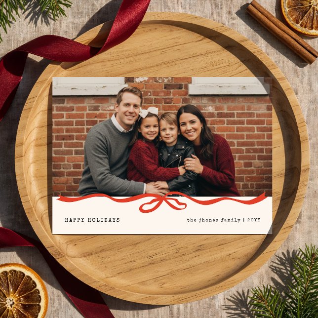 Tarjeta Festiva Happy Holidays Gingham Bow Family Photo Christmas (Subido por el creador)