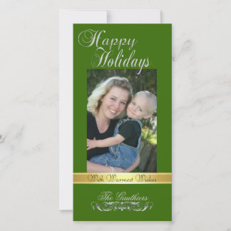 Tarjeta Festiva Happy Holidays Gold Ribbon Holly Green Photo Card