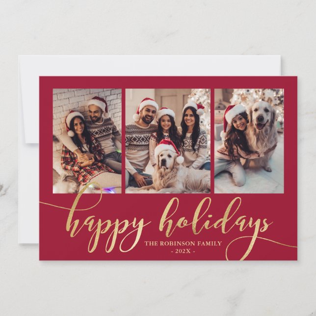 Tarjeta Festiva Happy Holidays Gold Script 3 Photo Collage Red  (Anverso)