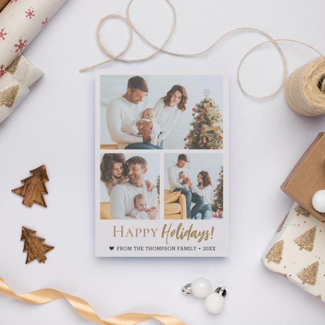 Tarjeta Festiva Happy Holidays Gold Script 3 photos Christmas (Happy holidays 3 family photo Christmas card template Gold script.)