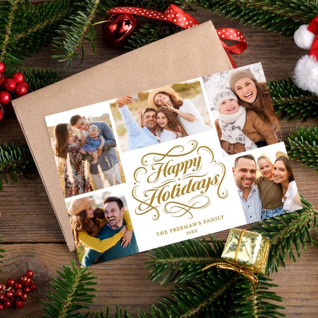 Tarjeta Festiva Happy Holidays Gold & White 5 Photo Collage Card (Subido por el creador)