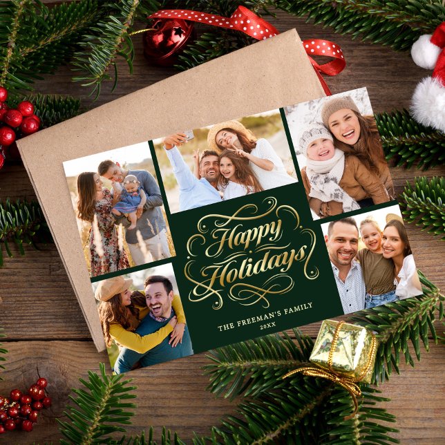 Tarjeta Festiva Happy Holidays Green & Gold 5 Photo Collage Card (Subido por el creador)