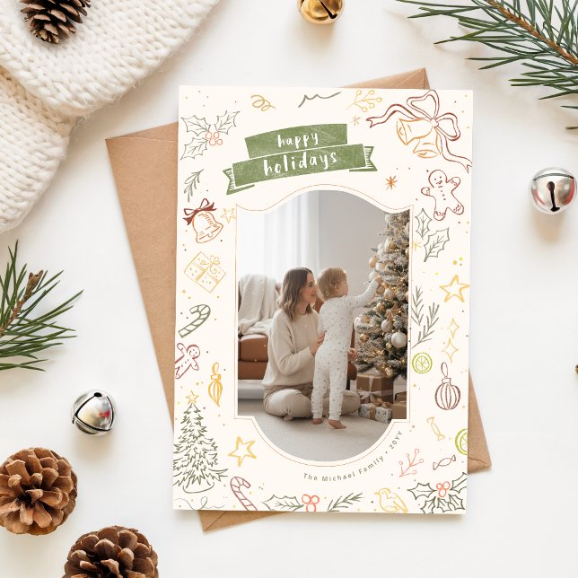 Tarjeta Festiva Happy Holidays Hand Drawn Family Christmas Photo (Subido por el creador)