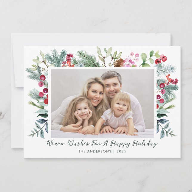 Tarjeta Festiva Happy Holidays Holly Berry Photo (Anverso)