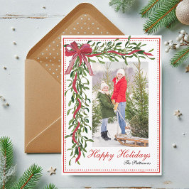 Tarjeta Festiva Happy Holidays Mistletoe Red Bow Family Photo