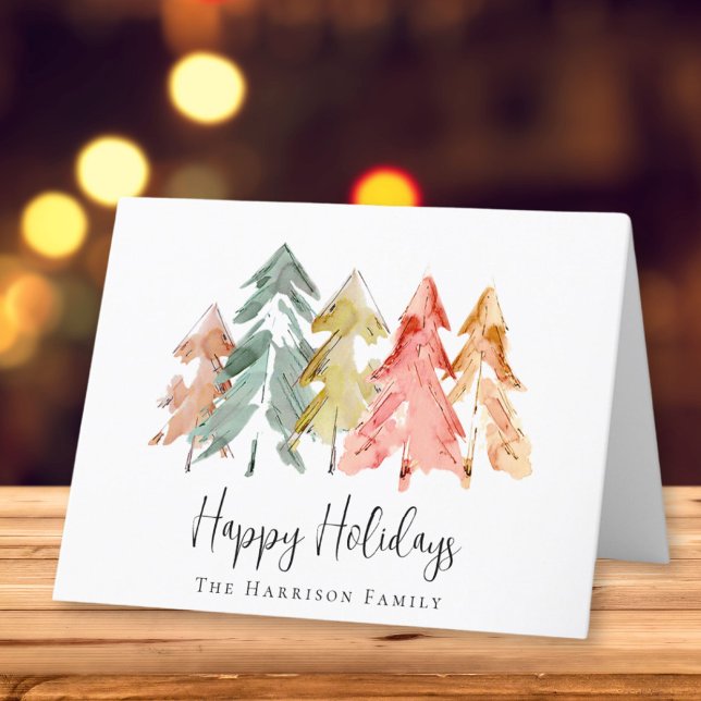 Tarjeta Festiva Happy Holidays Pine Tree Watercolor (Subido por el creador)