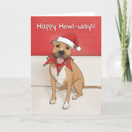 Tarjeta Festiva Happy Holidays Pit Bull Dog Drawing in Santa Hat 
