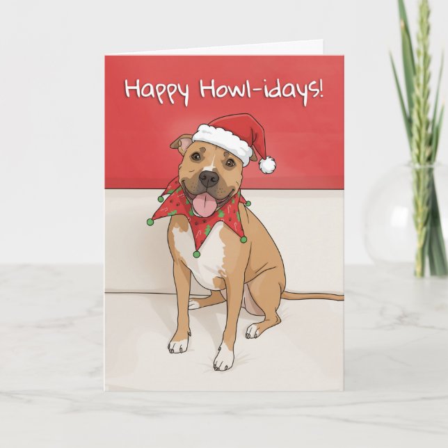 Tarjeta Festiva Happy Holidays Pit Bull Dog Drawing in Santa Hat  (Anverso)