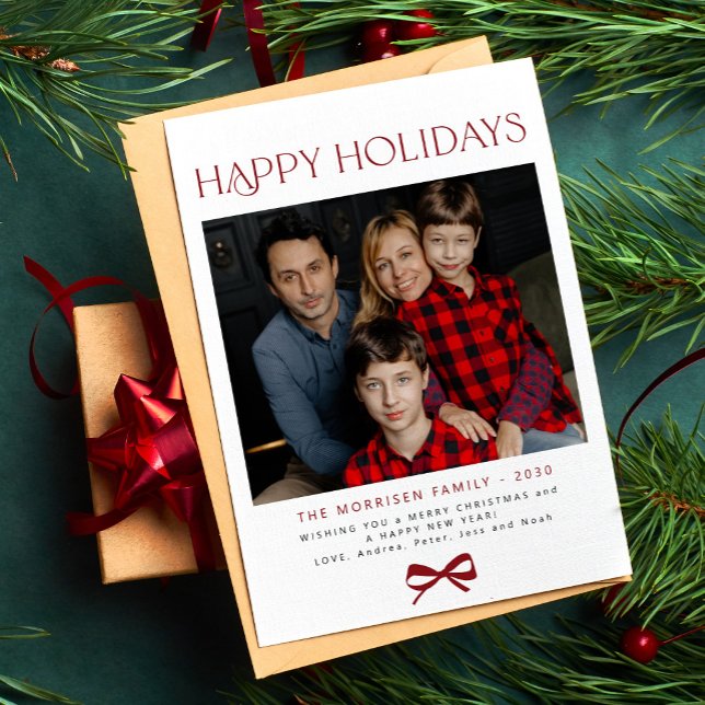 Tarjeta Festiva Happy Holidays red bow modern family photo (Subido por el creador)