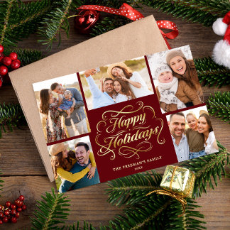 Tarjeta Festiva Happy Holidays Red & Gold 5 Photo Collage Card