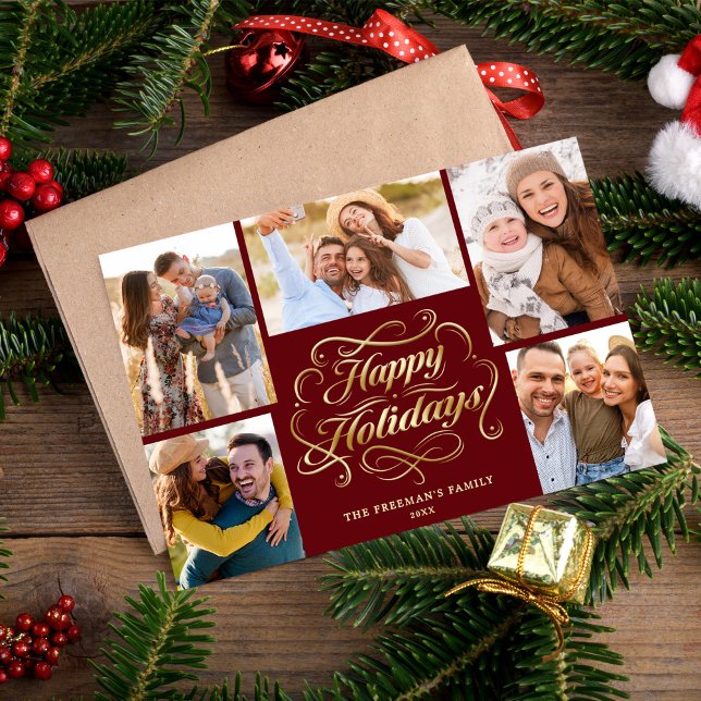 Tarjeta Festiva Happy Holidays Red & Gold 5 Photo Collage Card (Subido por el creador)