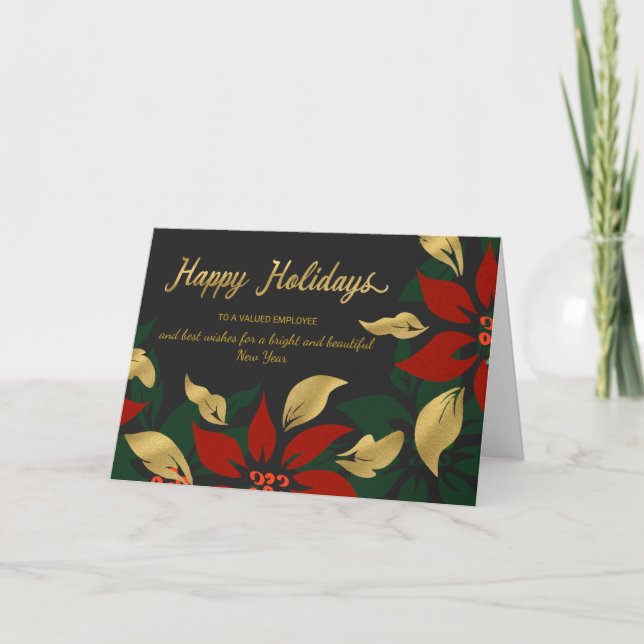 Tarjeta Festiva Happy Holidays Red & Gold Poinsettia Faux Foil (Anverso)