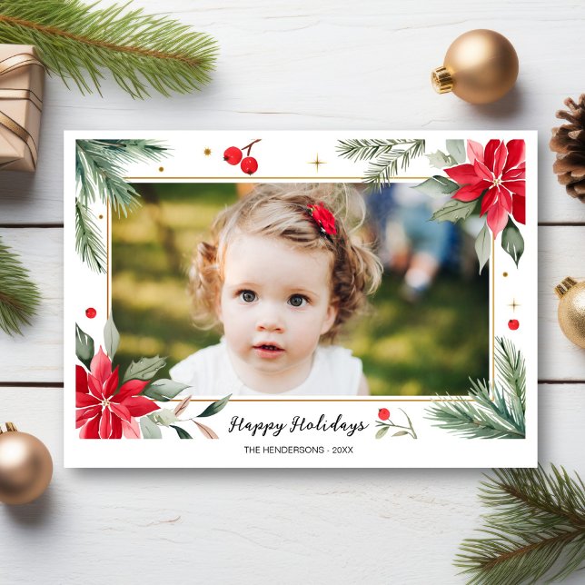 Tarjeta Festiva Happy Holidays Red Green Botanicals Photo Collage (Subido por el creador)