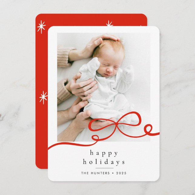 Tarjeta Festiva Happy Holidays Simple Red Ribbon Photo Rounded (Anverso / Reverso)