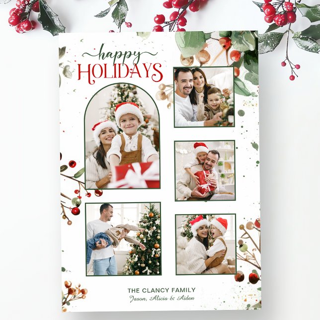 Tarjeta Festiva Happy Holidays Watercolor Holly Botanical 5 Photo (Subido por el creador)