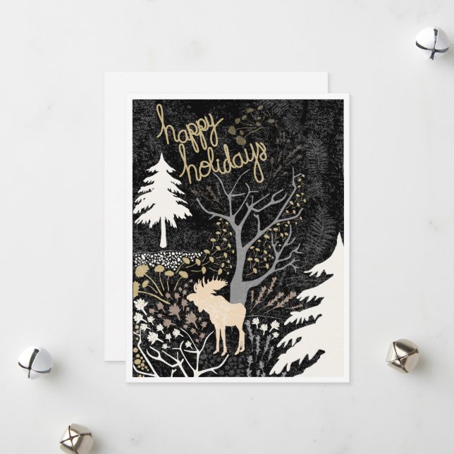 Tarjeta Festiva Happy Holidays Woodland Moose Holiday Card (Anverso/Reverso In Situ)